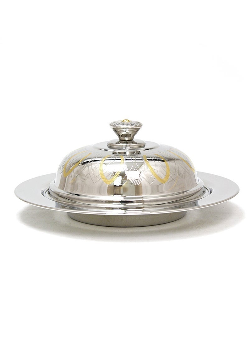Rathore 30cm Stainless Steel Qouzi Dish Food Tray with Lid for Elegant Dining, Double Walled Insulated Casserole Serving Platter Silver with Gold Details for Buffet Catering Banquet - Image 3