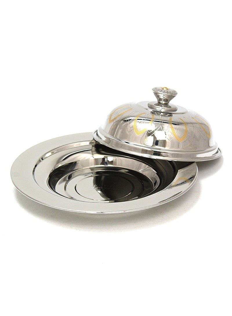 Rathore 30cm Stainless Steel Qouzi Dish Food Tray with Lid for Elegant Dining, Double Walled Insulated Casserole Serving Platter Silver with Gold Details for Buffet Catering Banquet - Image 4