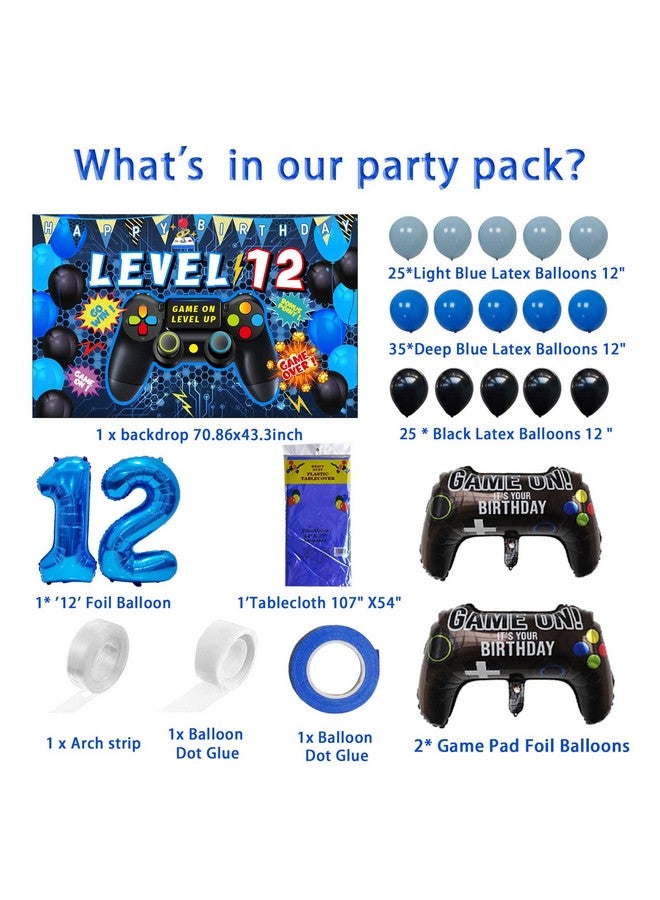 Vlipoeasn Vlipoeasn 90PCS Video Game Party Decorations for Boys Set - Blue 12th Birthday Supplies - Video Game Backdrop, Balloons, Tablecloth, Gamer and 12 Foil Balloons  - Image 2