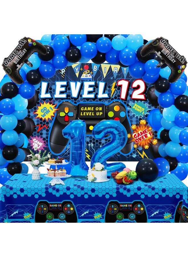 Vlipoeasn Vlipoeasn 90PCS Video Game Party Decorations for Boys Set - Blue 12th Birthday Supplies - Video Game Backdrop, Balloons, Tablecloth, Gamer and 12 Foil Balloons  - Image 1