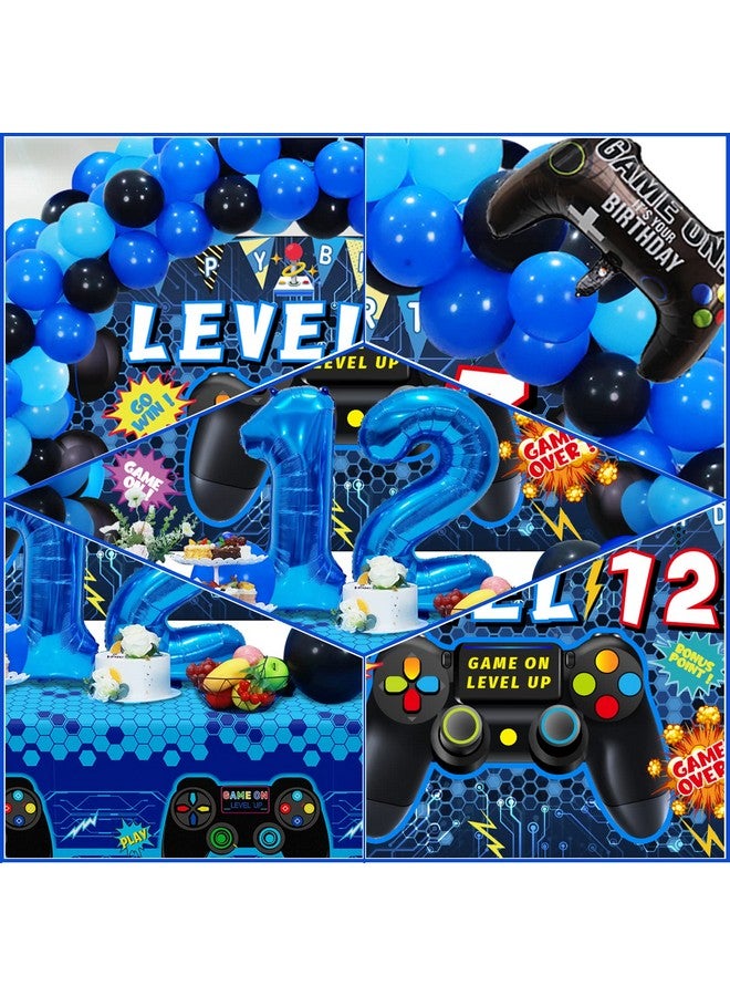 Vlipoeasn Vlipoeasn 90PCS Video Game Party Decorations for Boys Set - Blue 12th Birthday Supplies - Video Game Backdrop, Balloons, Tablecloth, Gamer and 12 Foil Balloons  - Image 3