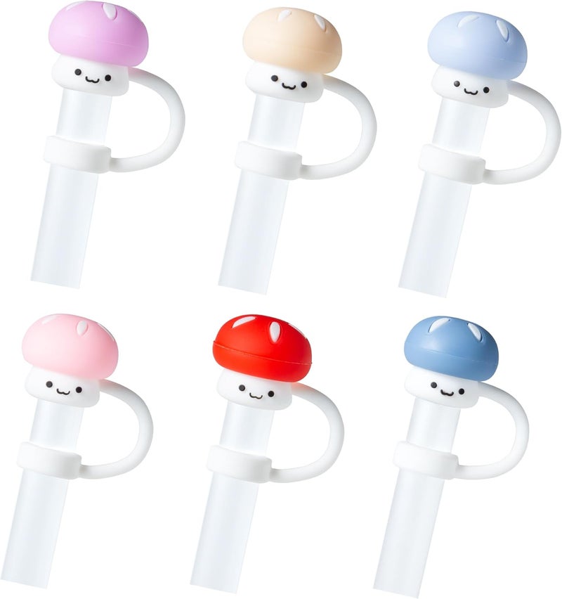 BULKITEM 6Pcs Cute Mushroom Straw Cover Cap for Stanley Cup Decor, 10mm Reusable Cute Pink Drinking Straw Topper Accessories for, Portable Protector Plugs Decorations Gifts for Kids Party Favors - Image 1