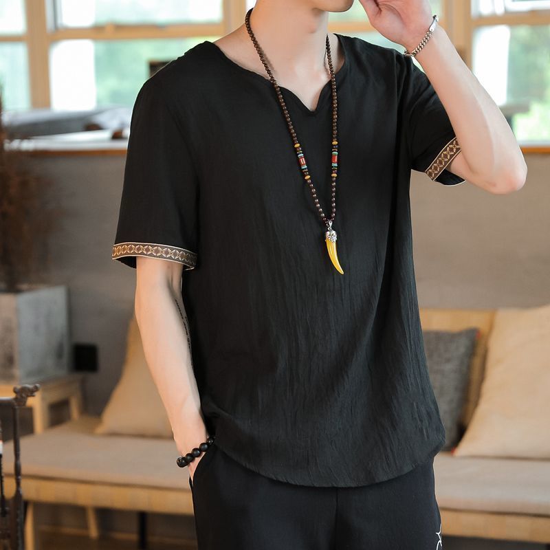 Chinese Style Men'S Cotton And Linen T-Shirt Summer Loose Hanfu Short-Sleeved Antique Top Chinese Style Retro Linen T-Shirt - Image 1