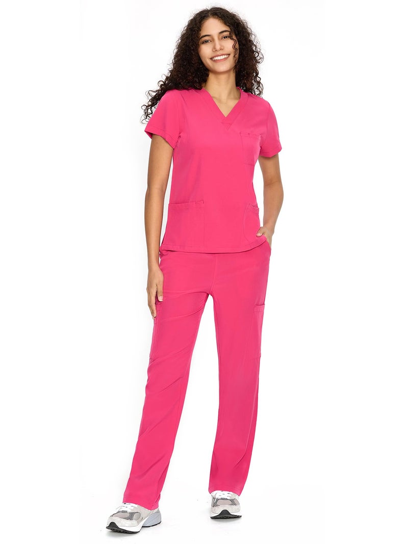 COZYFIT Scrubs for Women Set Medical Uniform - V-Neck Top & Straight Leg Pants with 9 Pockets, Unisex Workwear COZY SCRUBS, Hot Pink, M - Image 1