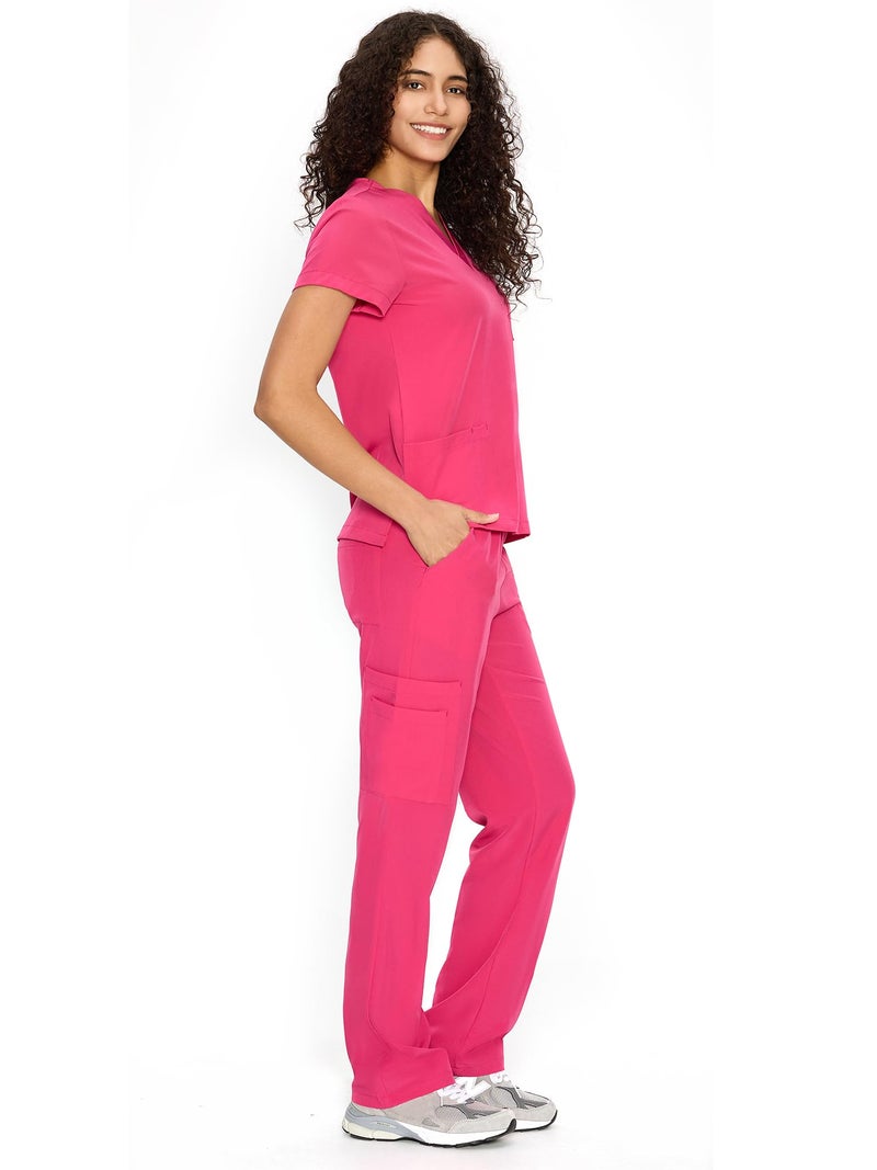 COZYFIT Scrubs for Women Set Medical Uniform - V-Neck Top & Straight Leg Pants with 9 Pockets, Unisex Workwear COZY SCRUBS, Hot Pink, M - Image 3