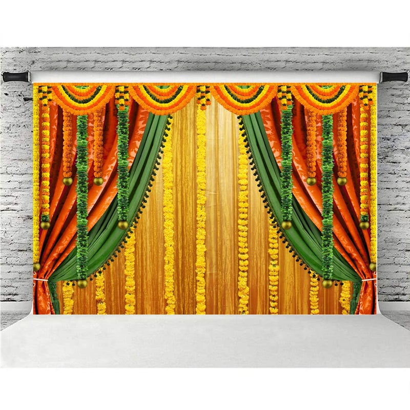 Lofaris India Pooja Photography Backdrop Puja Ganpati Pooja Traditional Mehndi Festival Background Diwali Decorations Wedding Party Marigold Garlands Photo Props 5x3ft - Image 2