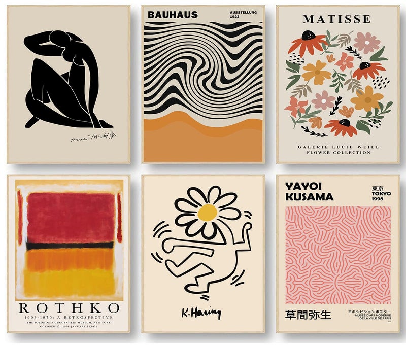 Home Trove مجموعة لوحات حائط ماتيس من HOME TROVE 6 قطع، ملصقات معرض ماتيس التجريدي باللون الأسود والبيج والأصفر، فن خط جسم المرأة، لوحات سوق الزهور، لوحات قماش ماتيس البوهيمية للديكور الجمالي - Image 3