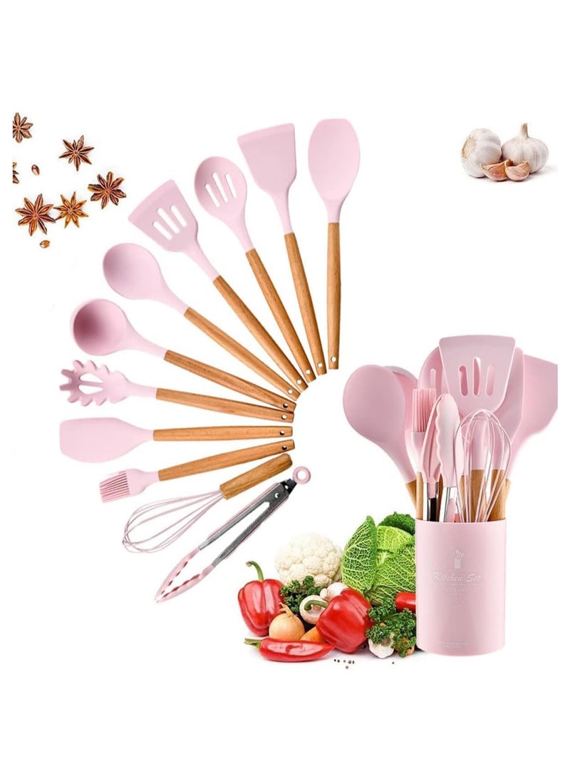 QSHOP Silicone Kitchen Utensil Set, 12 Pcs Silicone Cooking Utensils Set, Include Spatula Holder Set, Non-Stick and Scratch Resistant Kitchen Utensils with Wooden Handles for Cookware  - Image 1