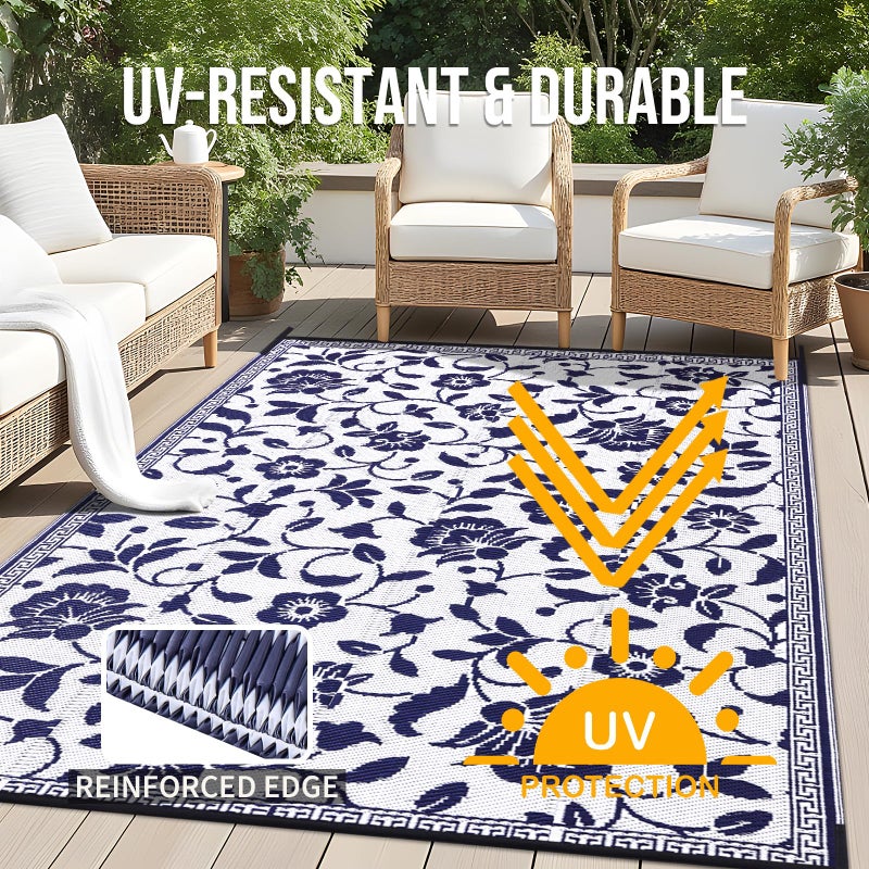 OLANLY Waterproof Outdoor Rug 9x12 ft, Outdoor Plastic Straw Rug with Flower Pattern, Reversible RV Mat for Patio, Camping, Balcony, Deck, Backyard, Navy & White - Image 4