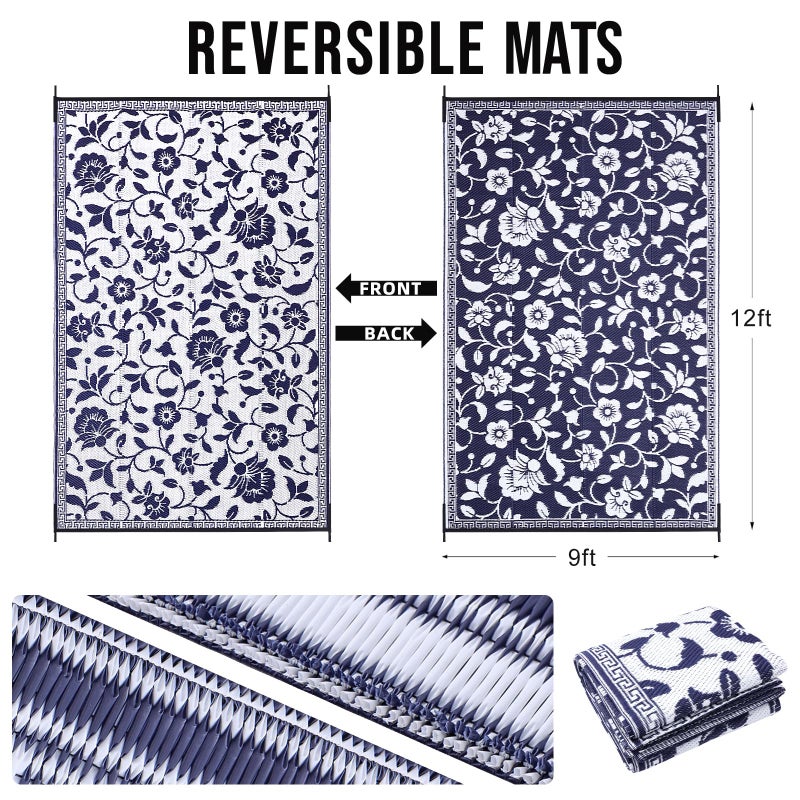 OLANLY Waterproof Outdoor Rug 9x12 ft, Outdoor Plastic Straw Rug with Flower Pattern, Reversible RV Mat for Patio, Camping, Balcony, Deck, Backyard, Navy & White - Image 2