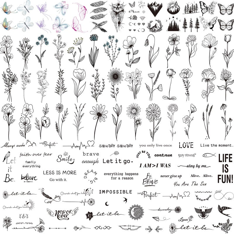 JEEFONNA 100 Sheets Realistic Temporary Tattoos, 240+ Pcs Multicolor Modern Floral & Inspirational Words Tattoos, Waterproof, 3+ Kids - Image 1