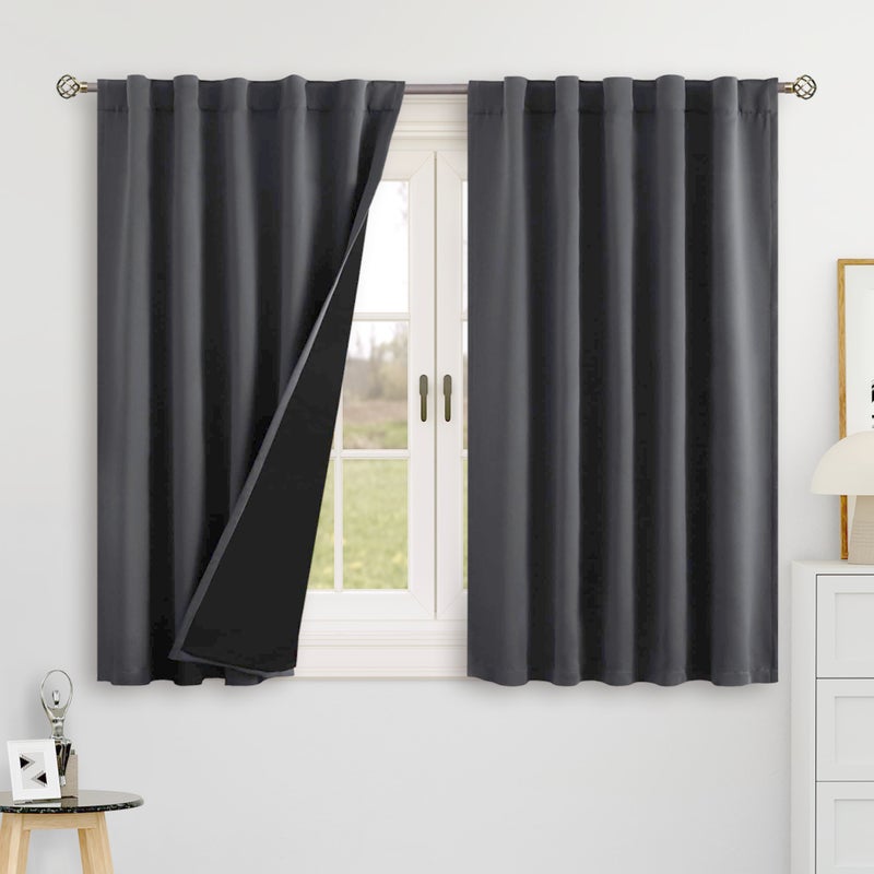 BGment Dark Grey 100% Blackout 48 Inch Curtains for Small Window  Rod Pocket and Back Tab Double Layer Black Out Thermal Insulated Room Darkening Curtain for Kitchen  2 Panels  Each 42 x 48 Inch - Image 1