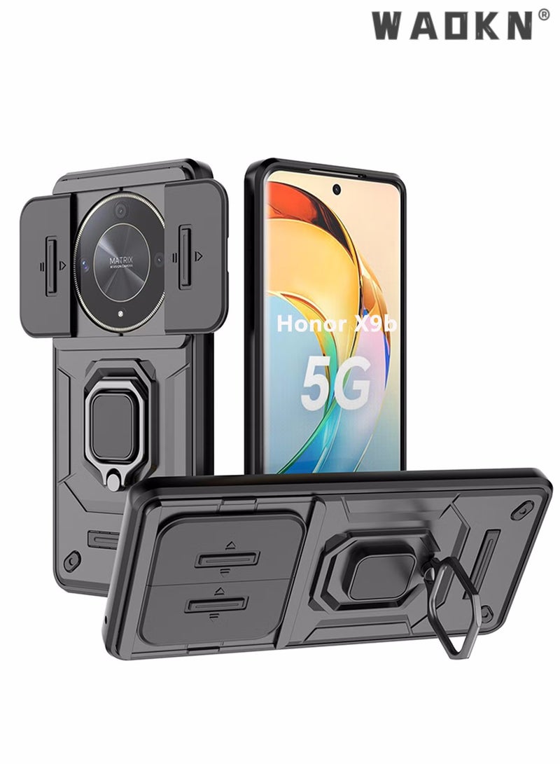 WAOKN Slide Camera Phone Case Honor X9b 5G Cover Luxury Armor PC Shockproof Metal Ring Stand Protective Back Cover Ring Kickstand and Sliding Camera Cover with Kickstand,Drop Proof,Heavy Duty Protective - Image 1