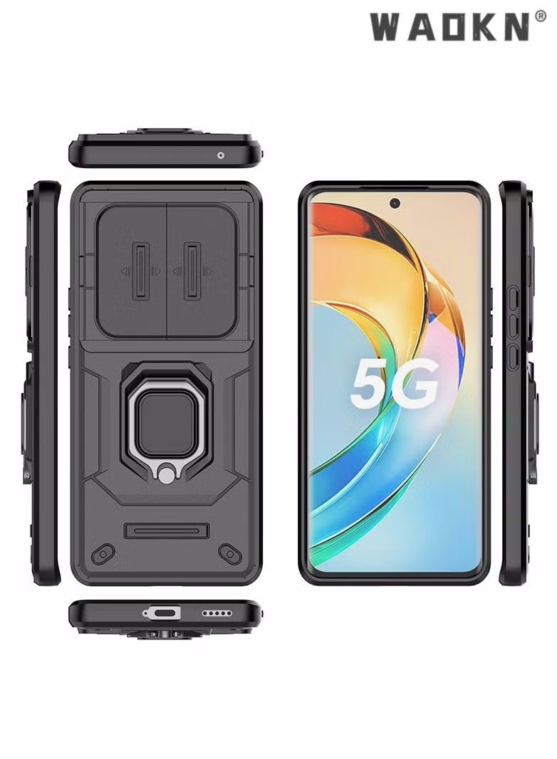 WAOKN Slide Camera Phone Case Honor X9b 5G Cover Luxury Armor PC Shockproof Metal Ring Stand Protective Back Cover Ring Kickstand and Sliding Camera Cover with Kickstand,Drop Proof,Heavy Duty Protective - Image 2