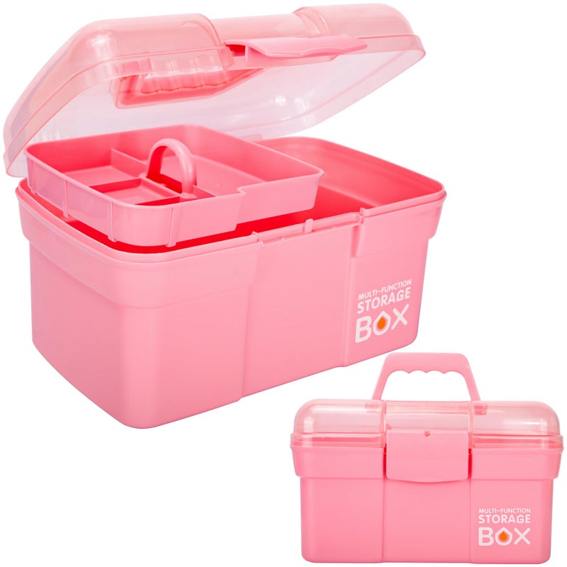 TERGOO 11in Mutipurpose Storage Box Organizer with Removable Tray Portable Small Craft Organizer with Handle Plastic Clear Tool Box Art Case for Makeup Sewing Nail Hair Accessories Pink