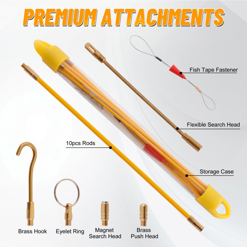 KOOTANS 11FT Fiberglass Running Electrical Wire Cable Glow Rods Wire Pulling Tools Fish Tape Cable Puller Through Wall Snake Fish Rods Kit with Different Attachments - Image 2