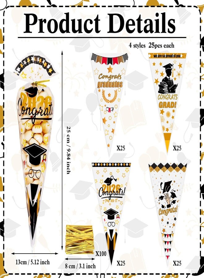Konsait 100Pcs Graduation Cone Cellophane Treat Bags with Ties, 4 Styles with Congrats Grad Patterns, for Graduation Party and Gift Wrapping - Image 2