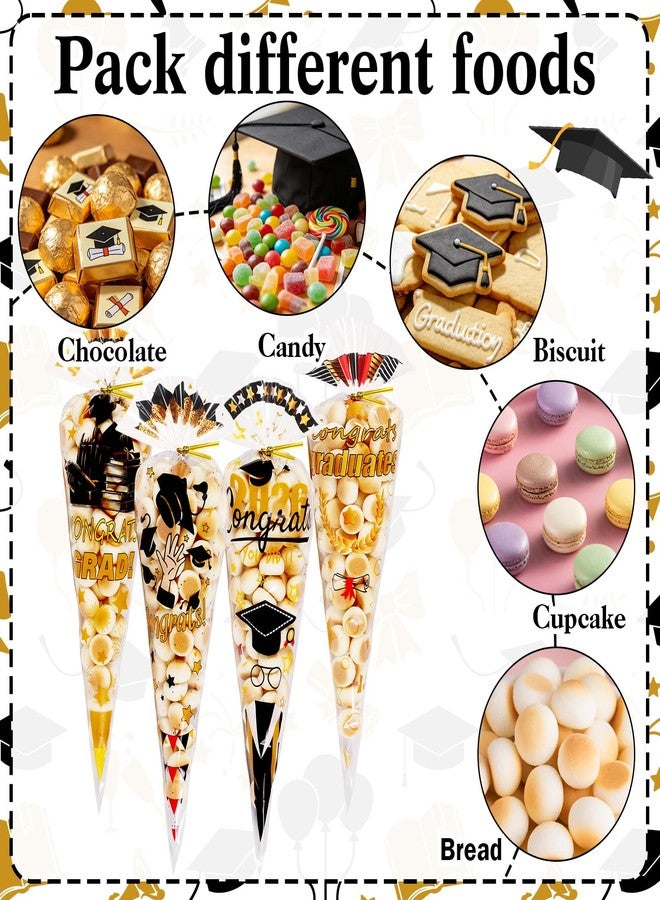 Konsait 100Pcs Graduation Cone Cellophane Treat Bags with Ties, 4 Styles with Congrats Grad Patterns, for Graduation Party and Gift Wrapping - Image 3