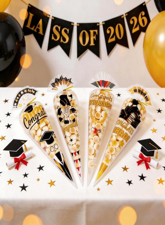 Konsait 100Pcs Graduation Cone Cellophane Treat Bags with Ties, 4 Styles with Congrats Grad Patterns, for Graduation Party and Gift Wrapping - Image 4