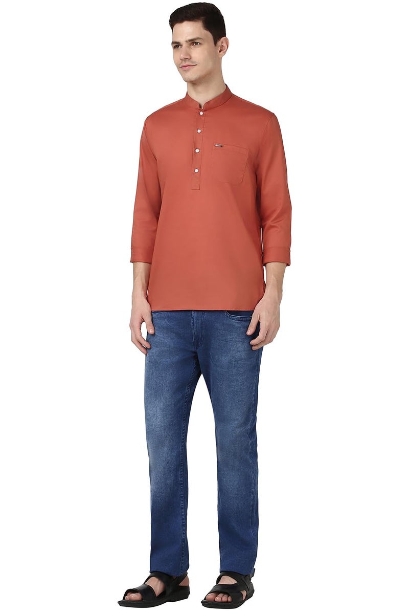 Peter England Men's Everyday Festive Solid Short Kurta Cotton Rust - Image 5