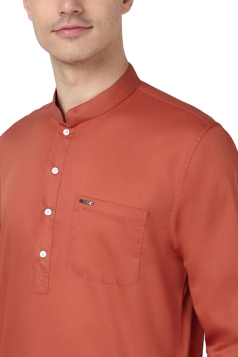 Peter England Men's Everyday Festive Solid Short Kurta Cotton Rust - Image 4