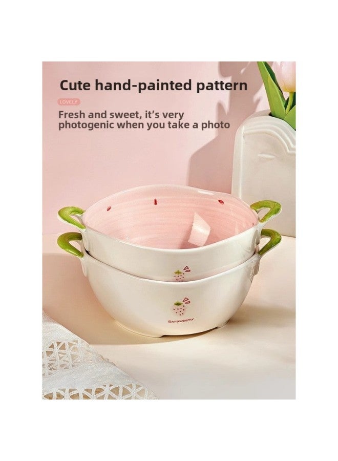 Cute Ceramic Baking Bowl With Handle Household Oven Special Nasty Bowl Salad Bowl Dessert Tableware Baking Pan-Specifications:【strawberry】-Capacity:9inch Asymmetrical Bowl  - Image 3