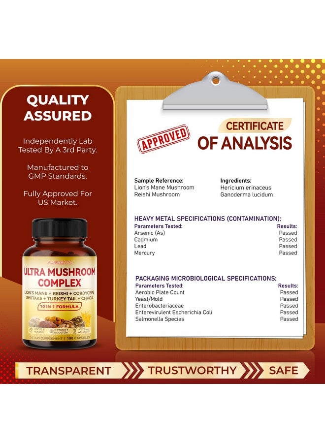 AUMETO Ultra Mushroom Complex 10 in 1 Formula - with Lion's Mane Reishi Cordyceps Shiitake Turkey Tail Chaga (150 Count (Pack of 1)) - Image 5