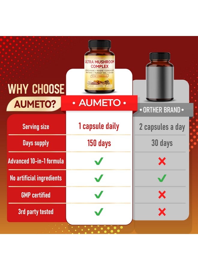 AUMETO Ultra Mushroom Complex 10 in 1 Formula - with Lion's Mane Reishi Cordyceps Shiitake Turkey Tail Chaga (150 Count (Pack of 1)) - Image 2