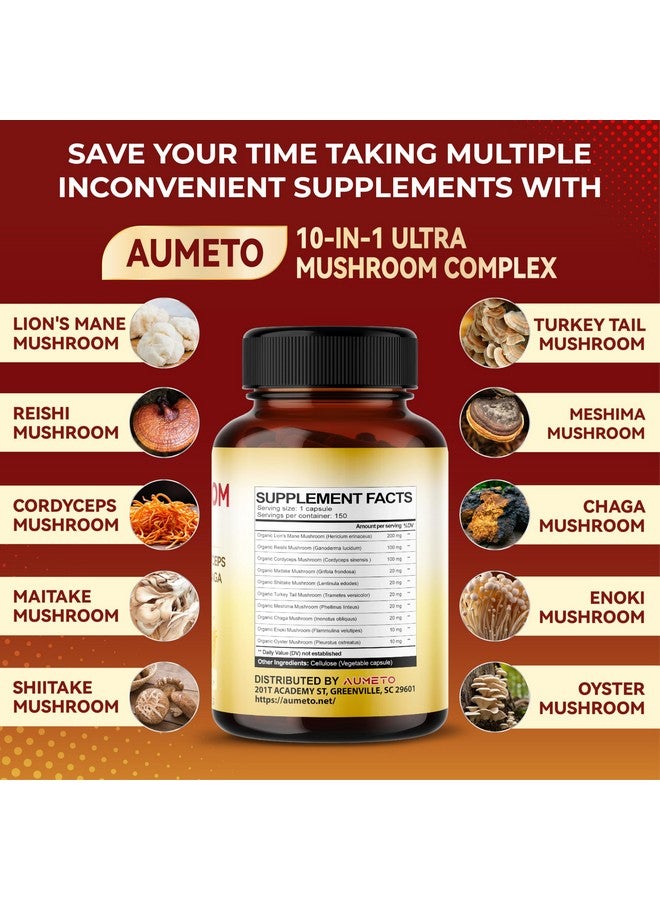 AUMETO Ultra Mushroom Complex 10 in 1 Formula - with Lion's Mane Reishi Cordyceps Shiitake Turkey Tail Chaga (150 Count (Pack of 1)) - Image 3