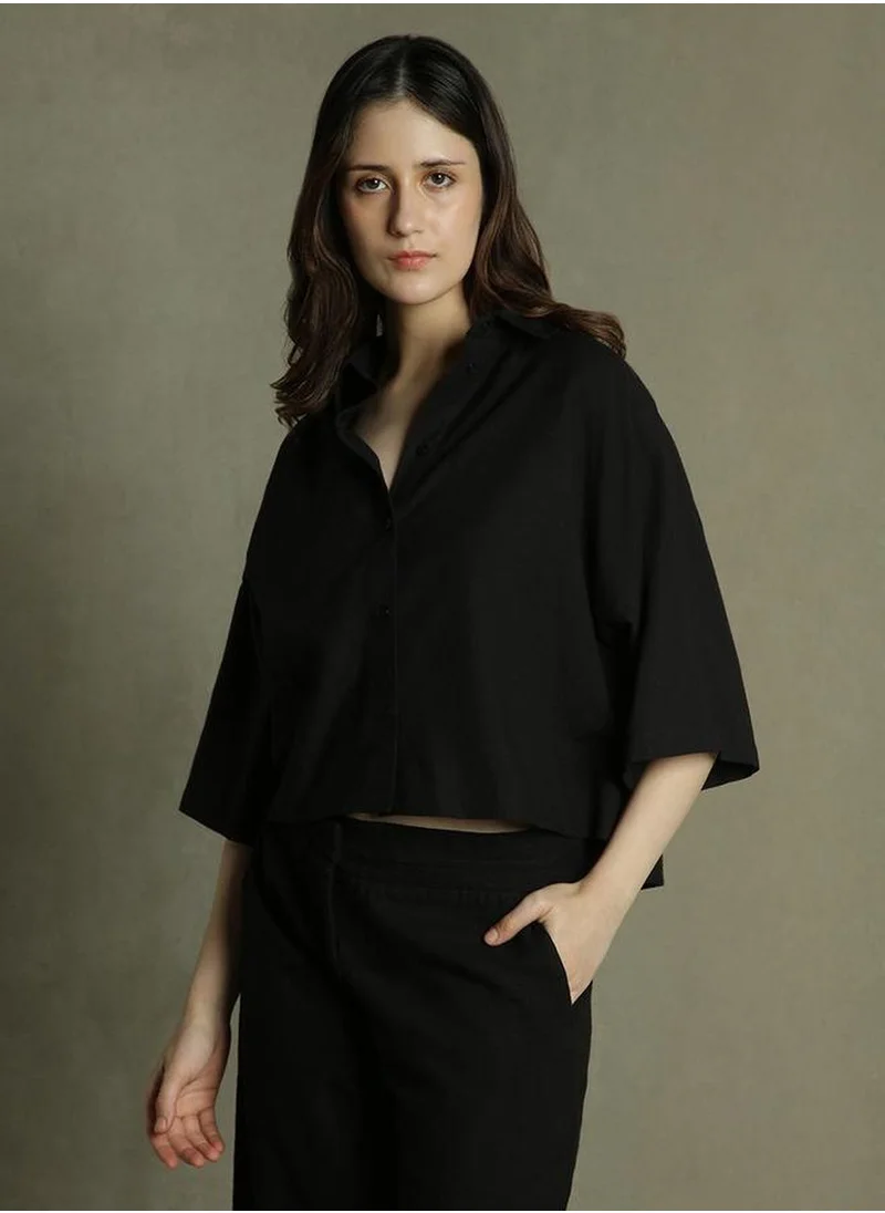 دينيس لينغو Women's Black Cotton Blend Solid Relaxed Fit Tops