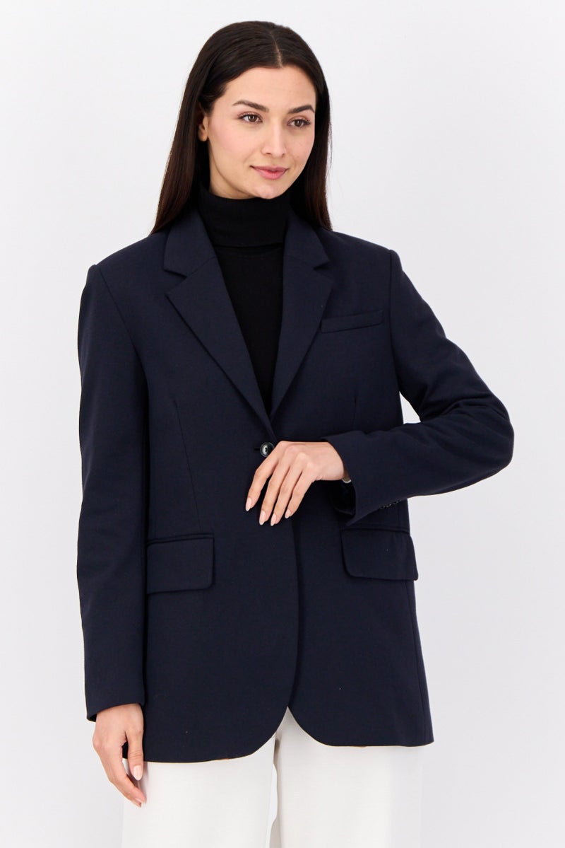 GANT Women  Regular Fit Plain Semi-Formal Blazer, Navy - Image 1
