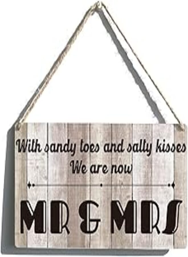 Beach Wedding Married Sign Funny Farmhouse with Sandy Toes Mr Mrs Wooden Hanging Sign Rustic Retro Wall Art Decor for Home Decoration 12 x 6 Inches