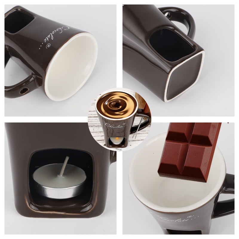 lasuroa Chocolate Fondue Mug with Fork and Tealights, Sweet Chocolate Melting Cup Ceramic Fondue Pot Set for Cheese Caramel & Candy, Ideal Date Night Birthday Wedding Gifts (Dark Brown) - Image 4