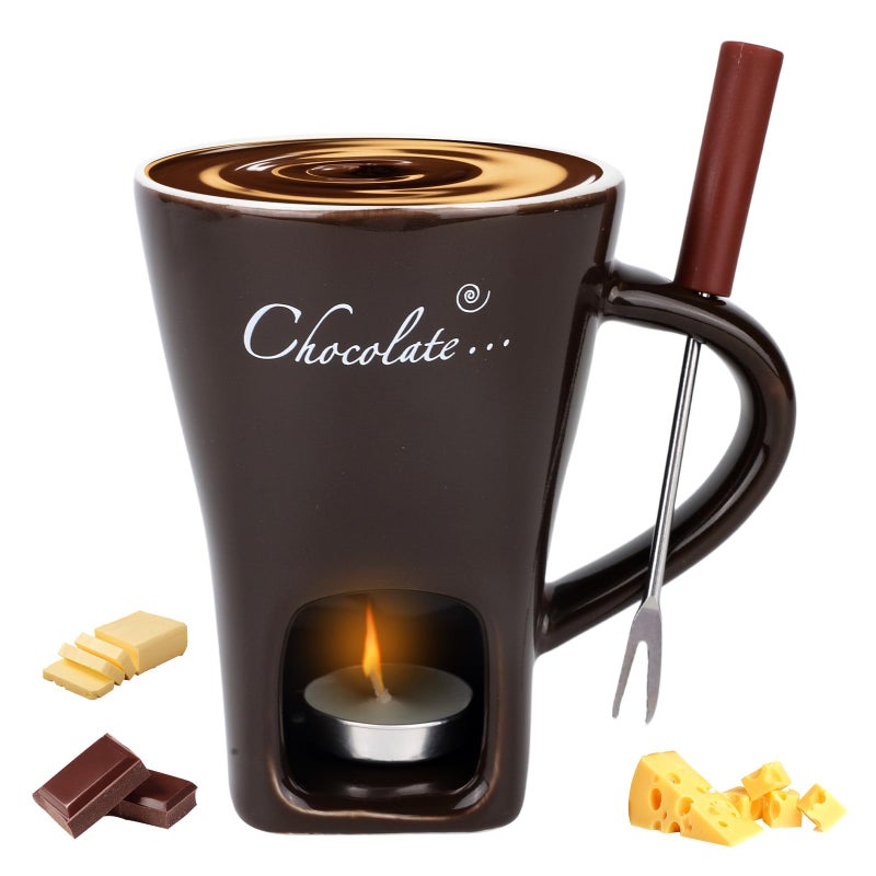 lasuroa Chocolate Fondue Mug with Fork and Tealights, Sweet Chocolate Melting Cup Ceramic Fondue Pot Set for Cheese Caramel & Candy, Ideal Date Night Birthday Wedding Gifts (Dark Brown) - Image 1