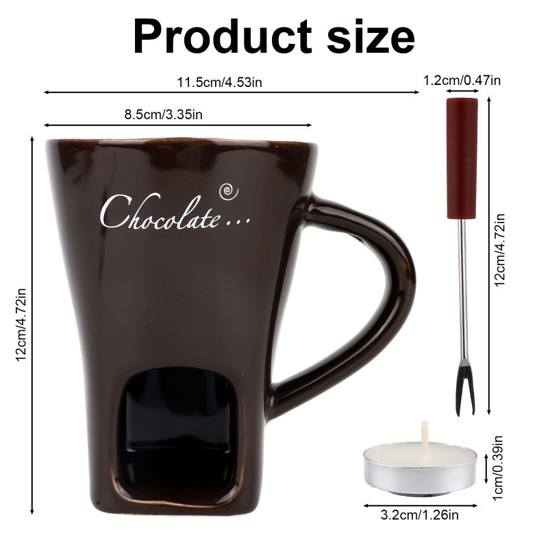 lasuroa Chocolate Fondue Mug with Fork and Tealights, Sweet Chocolate Melting Cup Ceramic Fondue Pot Set for Cheese Caramel & Candy, Ideal Date Night Birthday Wedding Gifts (Dark Brown) - Image 2