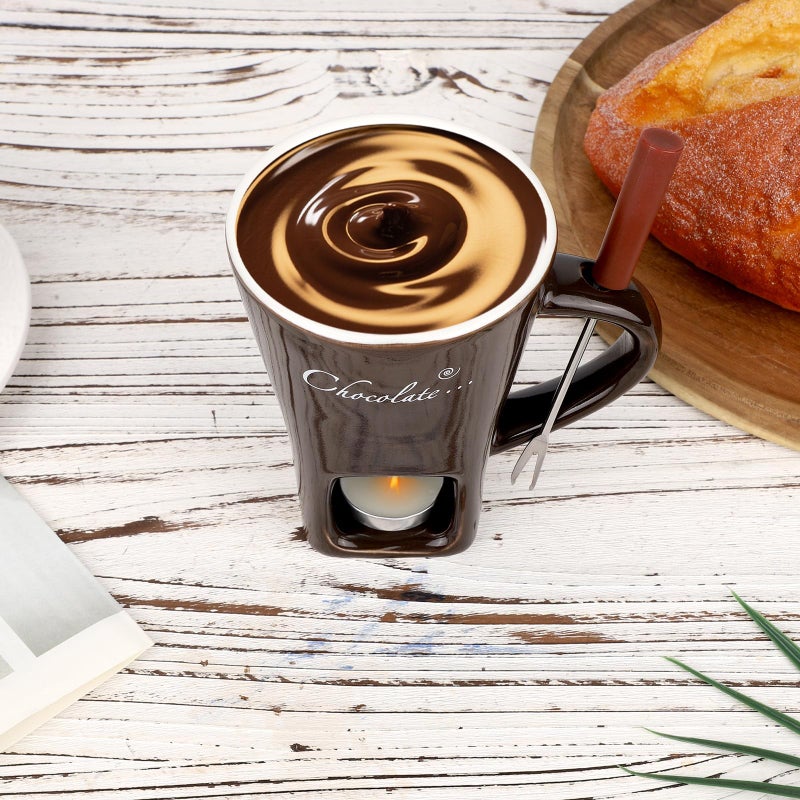lasuroa Chocolate Fondue Mug with Fork and Tealights, Sweet Chocolate Melting Cup Ceramic Fondue Pot Set for Cheese Caramel & Candy, Ideal Date Night Birthday Wedding Gifts (Dark Brown) - Image 3