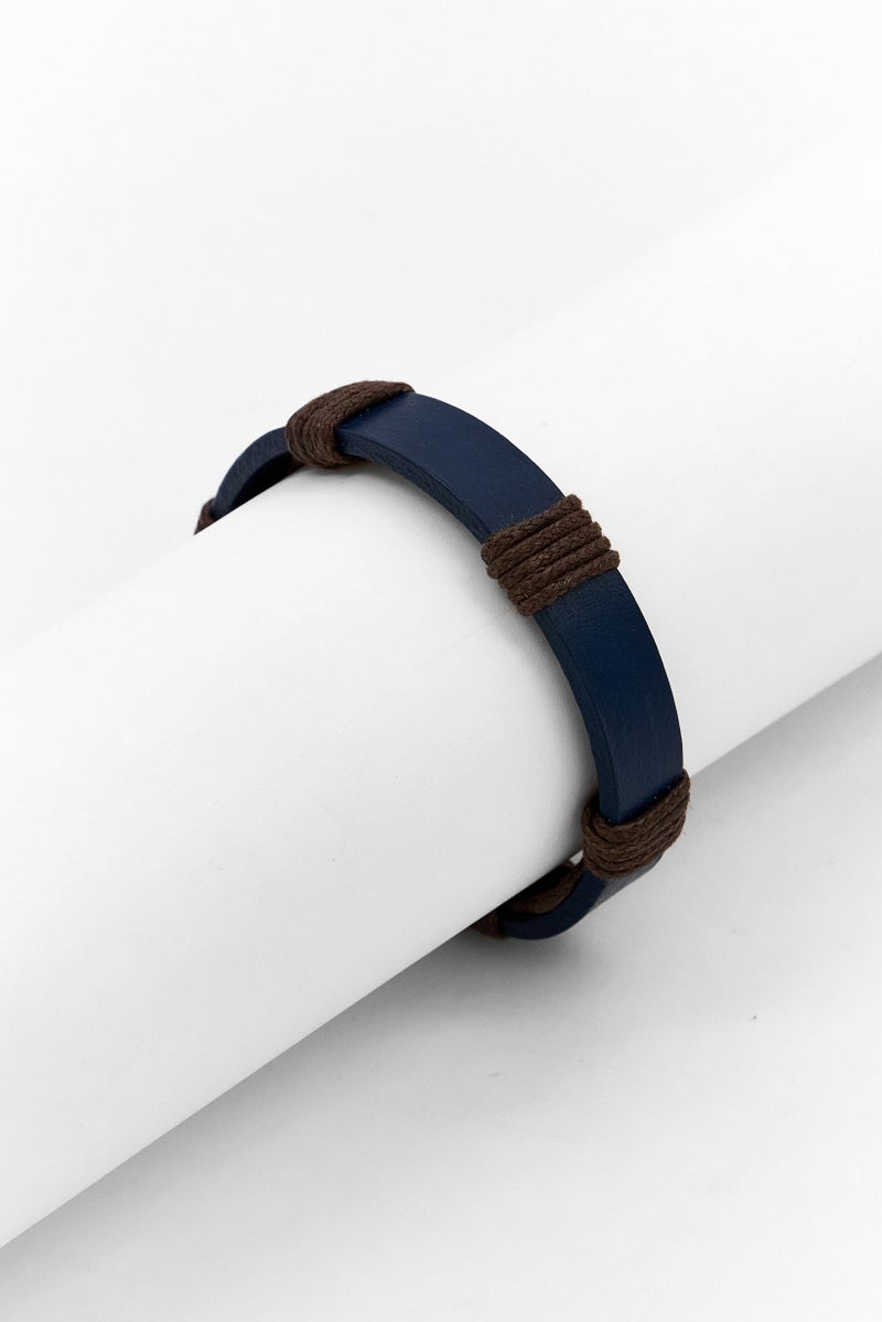 Steeltime Men Leather Stainless Steel Clasp Bracelet, Navy - Image 1