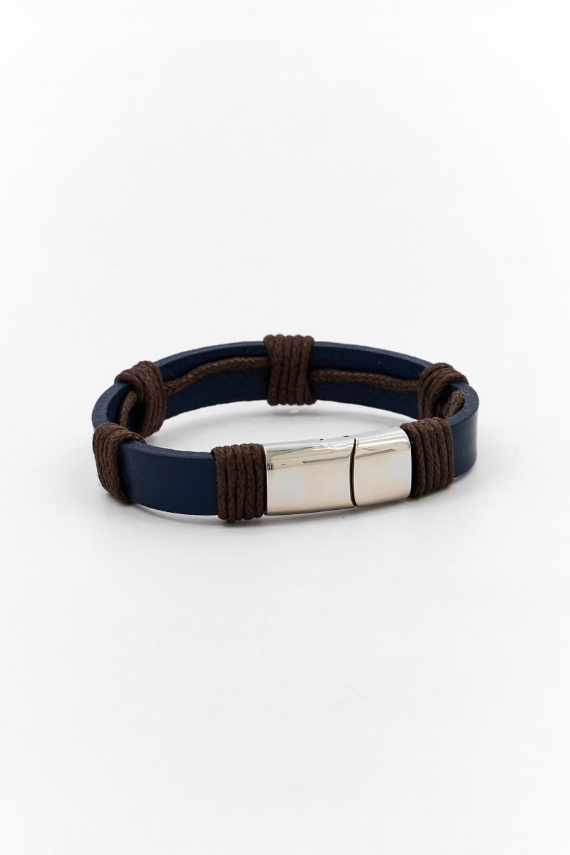 Steeltime Men Leather Stainless Steel Clasp Bracelet, Navy - Image 2