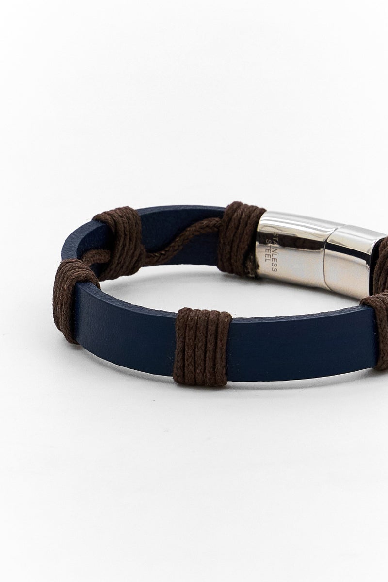 Steeltime Men Leather Stainless Steel Clasp Bracelet, Navy - Image 3