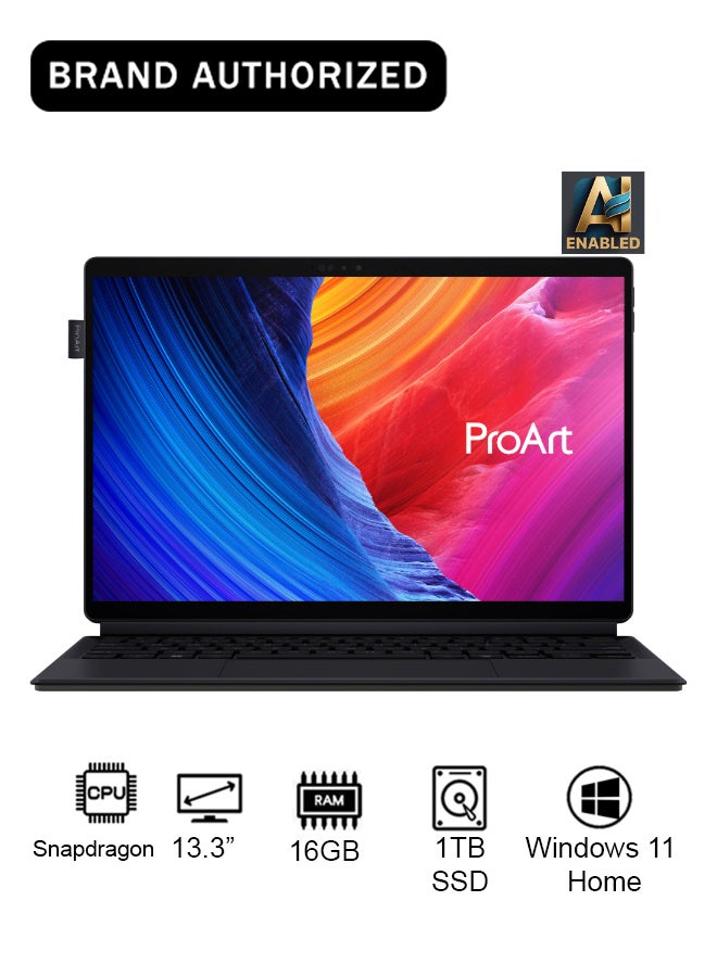 ASUS ProArt PZ13 2-in-1 Detachable Touchscreen Laptop With 13.3-Inch Display, Qualcomm Snapdragon X Plus Processor/16GB RAM/1TB SSD/Intel UHD Graphics/Windows 11 Home with Copilot Key & Stylus Pen English/Arabic Nano Black