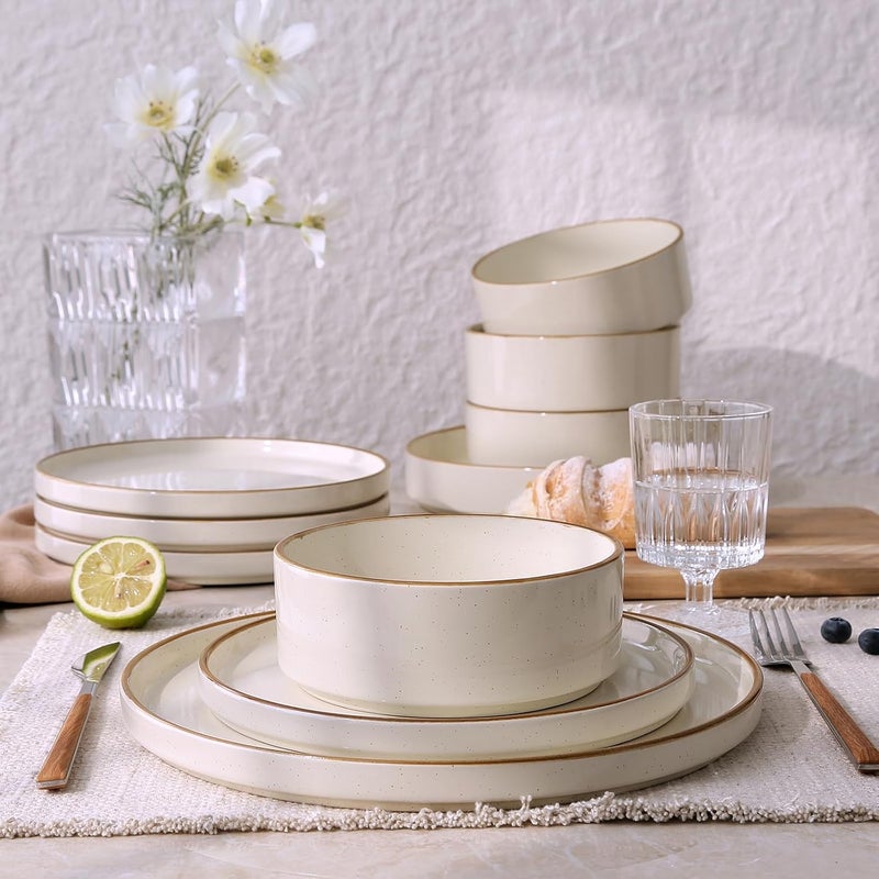 Famiware Nebula Plates and Bowls Sets for 4 12 Pieces Stoneware Dinnerware Set Microwave and Dishwasher Safe Dishes Set Vanilla White with Brown Rim - Image 5