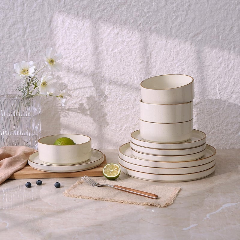 Famiware Nebula Plates and Bowls Sets for 4 12 Pieces Stoneware Dinnerware Set Microwave and Dishwasher Safe Dishes Set Vanilla White with Brown Rim - Image 4