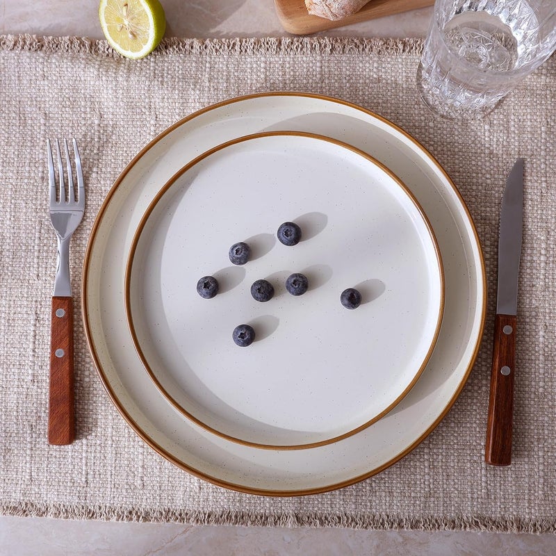 Famiware Nebula Plates and Bowls Sets for 4 12 Pieces Stoneware Dinnerware Set Microwave and Dishwasher Safe Dishes Set Vanilla White with Brown Rim - Image 3