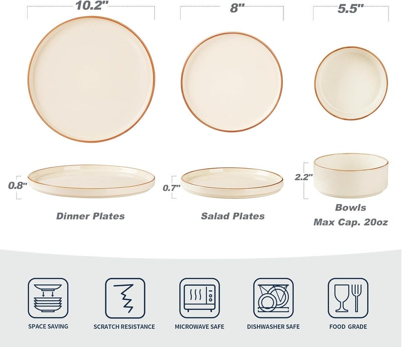 Famiware Nebula Plates and Bowls Sets for 4 12 Pieces Stoneware Dinnerware Set Microwave and Dishwasher Safe Dishes Set Vanilla White with Brown Rim - Image 2