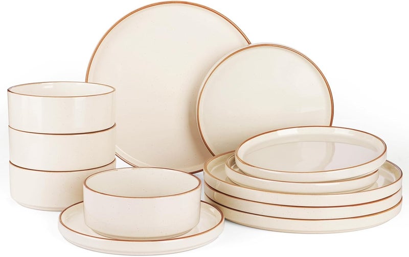 Famiware Nebula Plates and Bowls Sets for 4 12 Pieces Stoneware Dinnerware Set Microwave and Dishwasher Safe Dishes Set Vanilla White with Brown Rim - Image 1