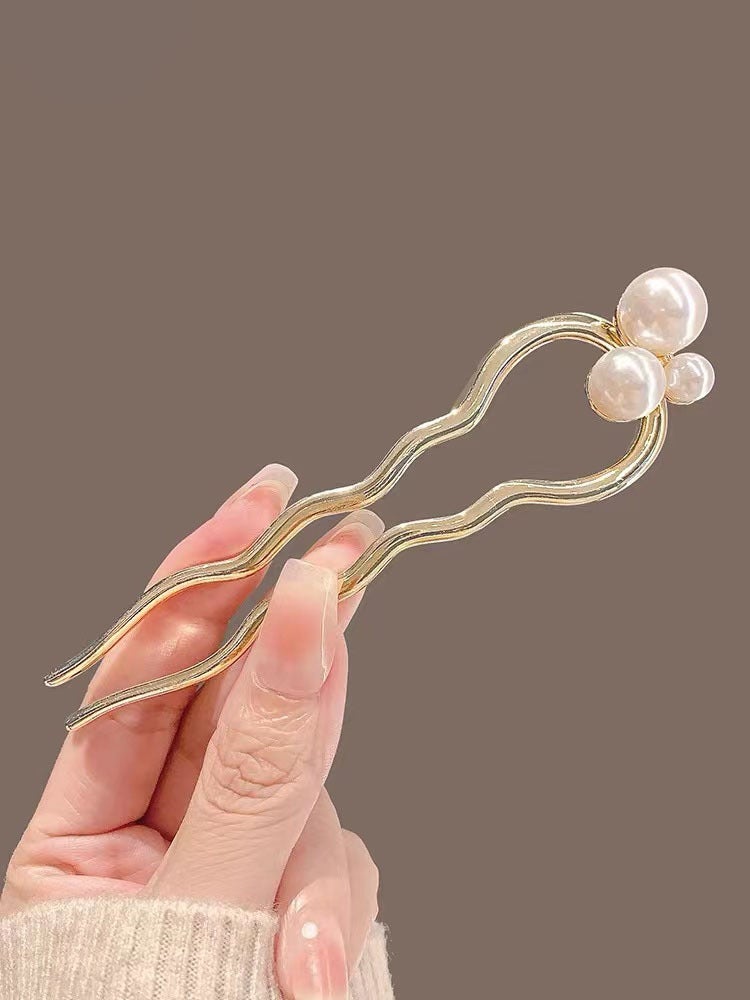 Generic High-grade Pearl U-shaped pearl hairpin female modern chopsticks ball head updo artifact back head hairpin headdress 10# Pearl wave U-shaped hairpin-Gold