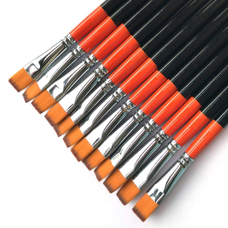 ONE HAPPY CHOICE 12 Inch Flat Bright Paint Brush Pack of 12 Premium Quality Synthetic Sable Hair for Acrylic Watercolor Oil Gouache Painting by Students Professionals and Artists
