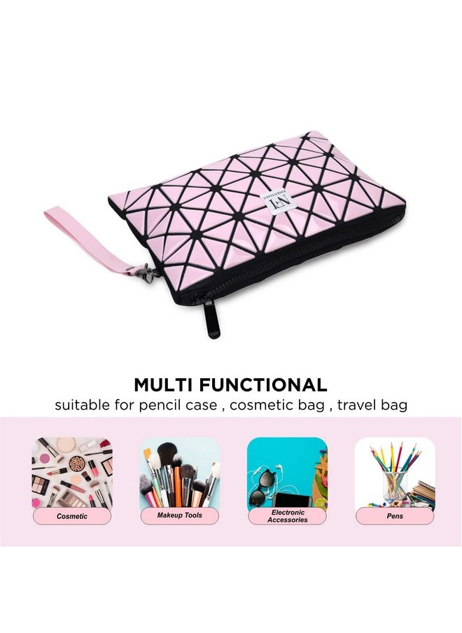 NFI essentials NFI essentials Geometric Design Makeup Pouch For Women Stylish Pouch For Makeup Accessories Travel Organiser Cosmetic Pouches Make Up Pouch For Girls Vanity Bag Makeup Bag, 17 Cm, Pink Black  - Image 3