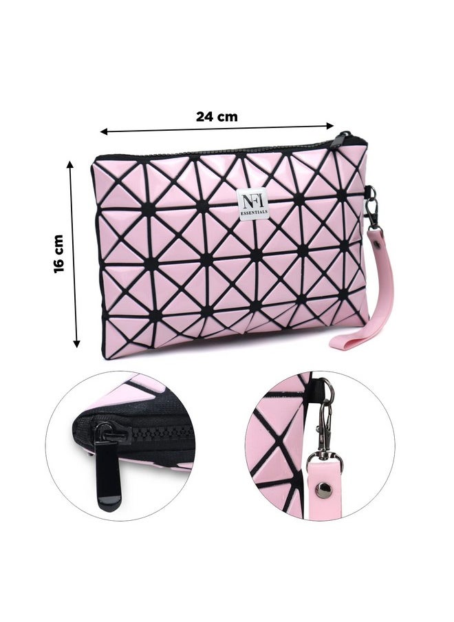 NFI essentials NFI essentials Geometric Design Makeup Pouch For Women Stylish Pouch For Makeup Accessories Travel Organiser Cosmetic Pouches Make Up Pouch For Girls Vanity Bag Makeup Bag, 17 Cm, Pink Black  - Image 4