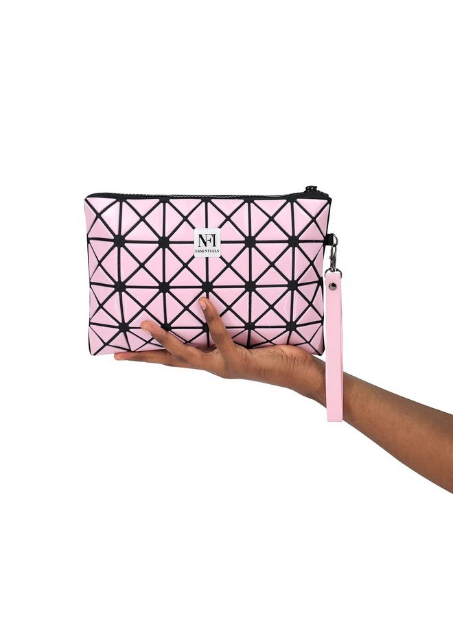 NFI essentials NFI essentials Geometric Design Makeup Pouch For Women Stylish Pouch For Makeup Accessories Travel Organiser Cosmetic Pouches Make Up Pouch For Girls Vanity Bag Makeup Bag, 17 Cm, Pink Black  - Image 5